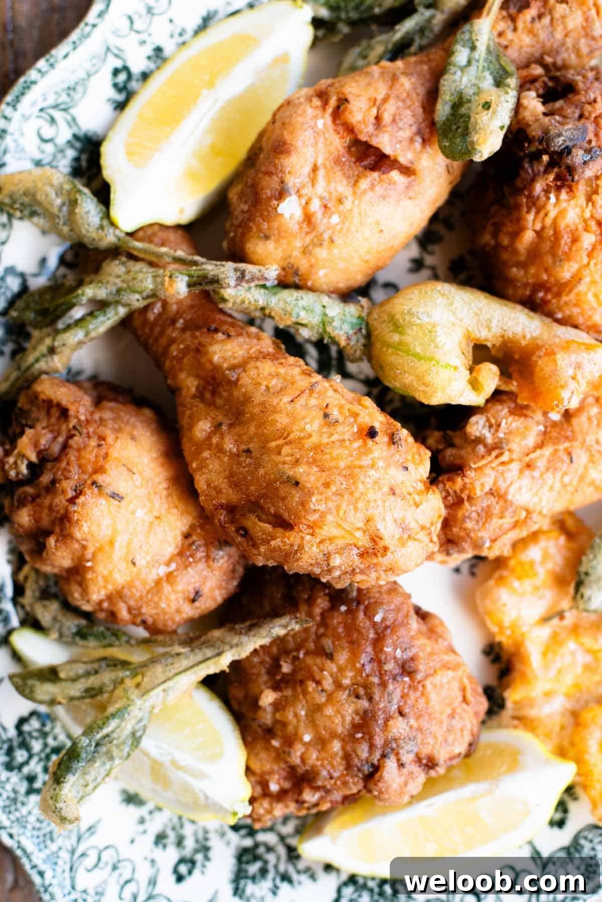 A close up of Italian fried chicken on a serving platter with sage leaves and zucchini blossoms.