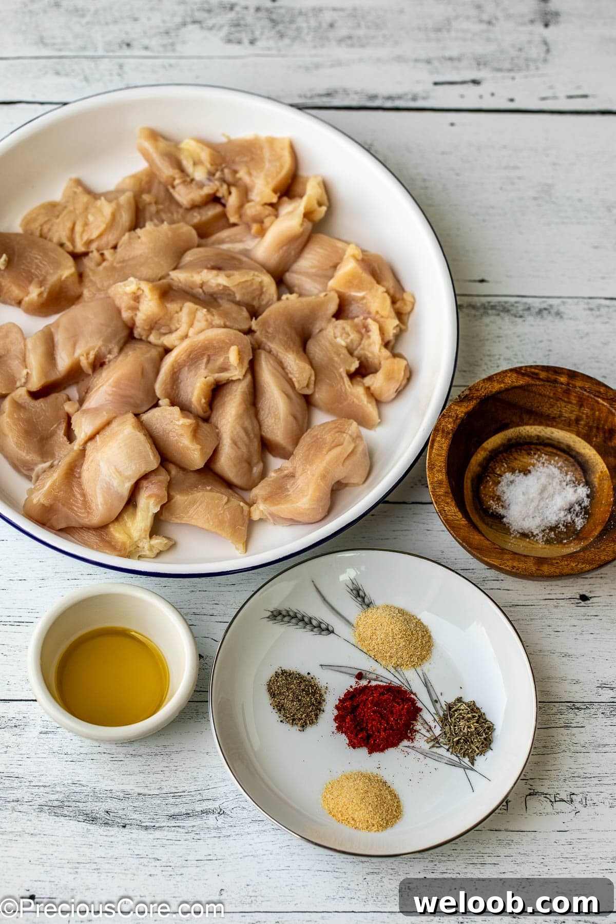 Measured ingredients for grilled chicken nuggets.