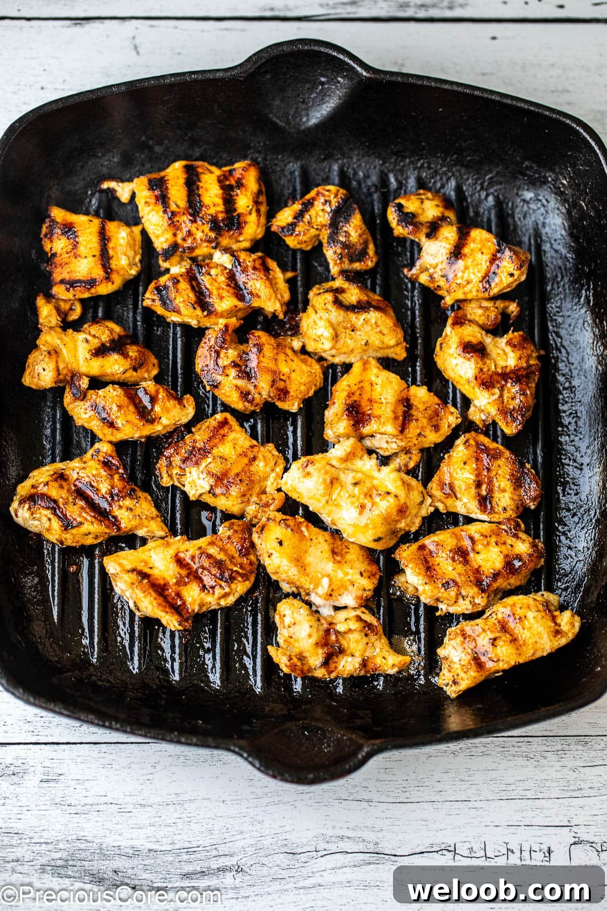 Cooked boneless skinless chicken nuggets.