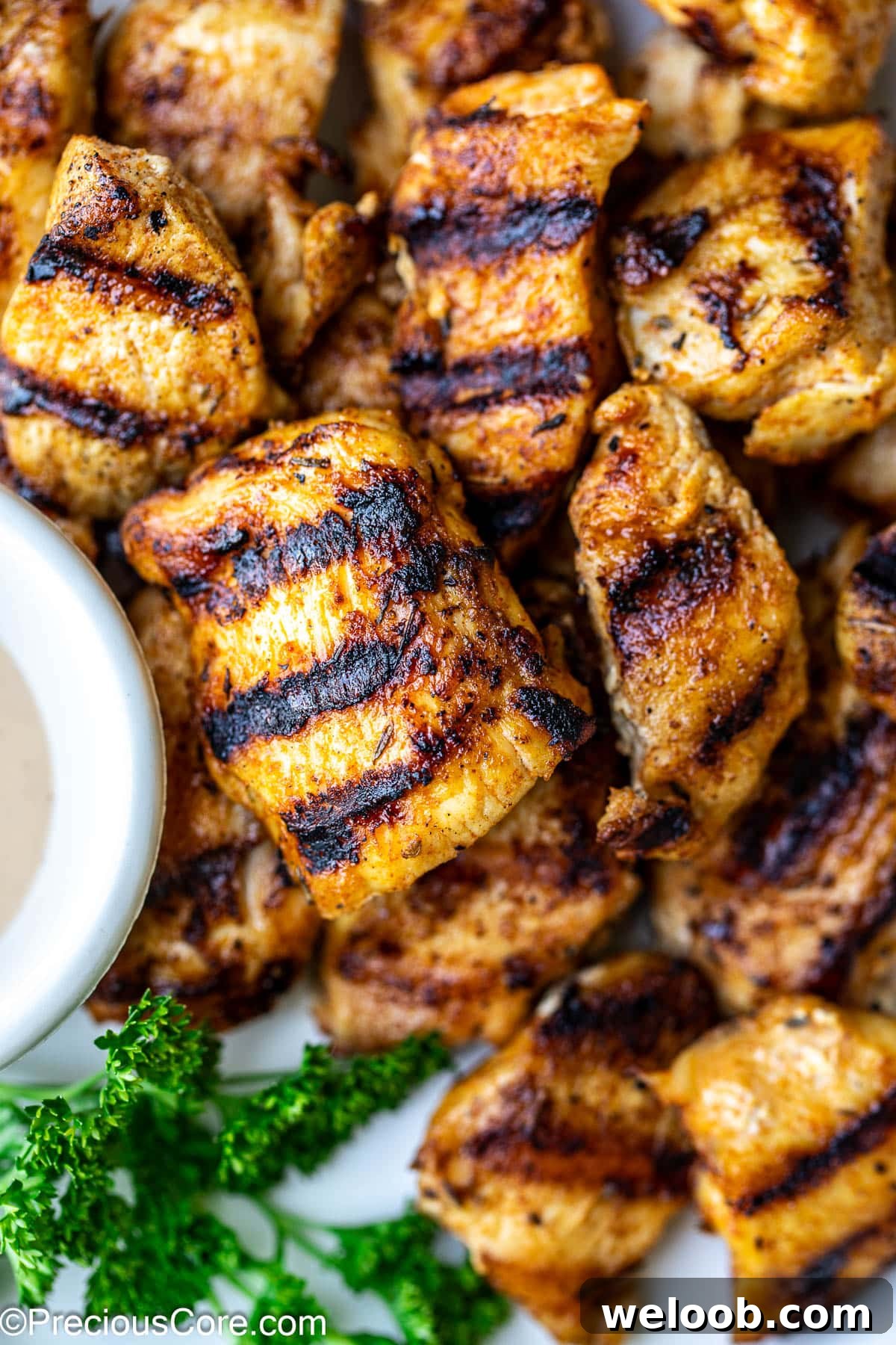 Close up shot of grilled chicken bites with grill marks.