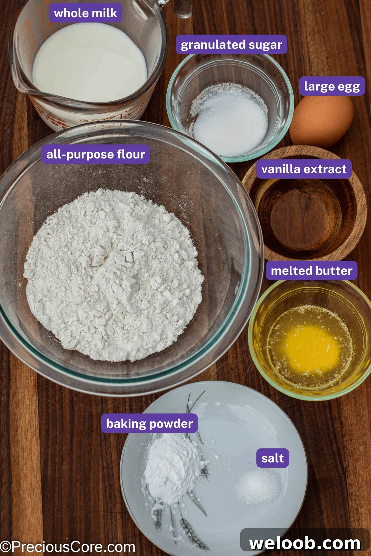 Pancake ingredients with labels on them.