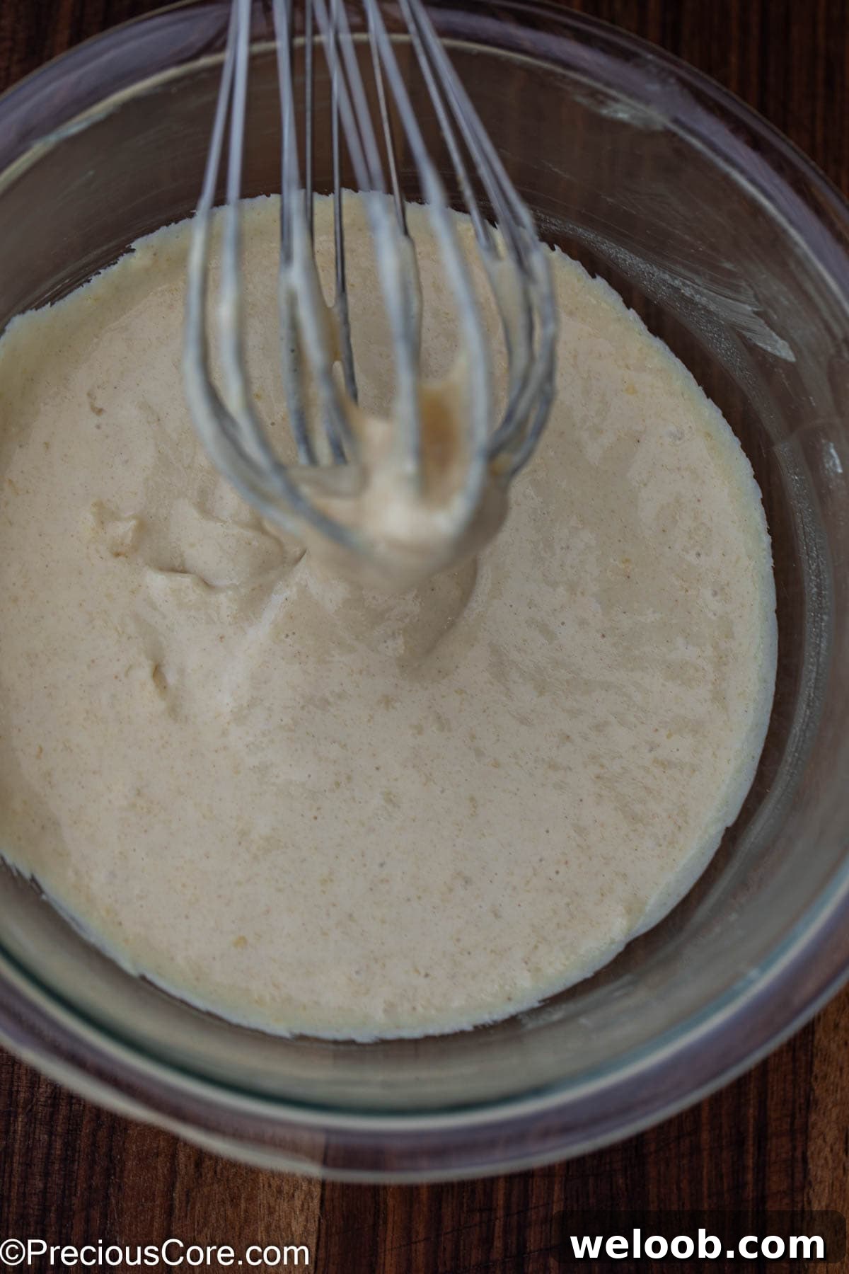 Pancake batter in a mixing bowl.