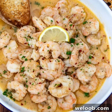Square image of a bowl of shrimp in white wine sauce.