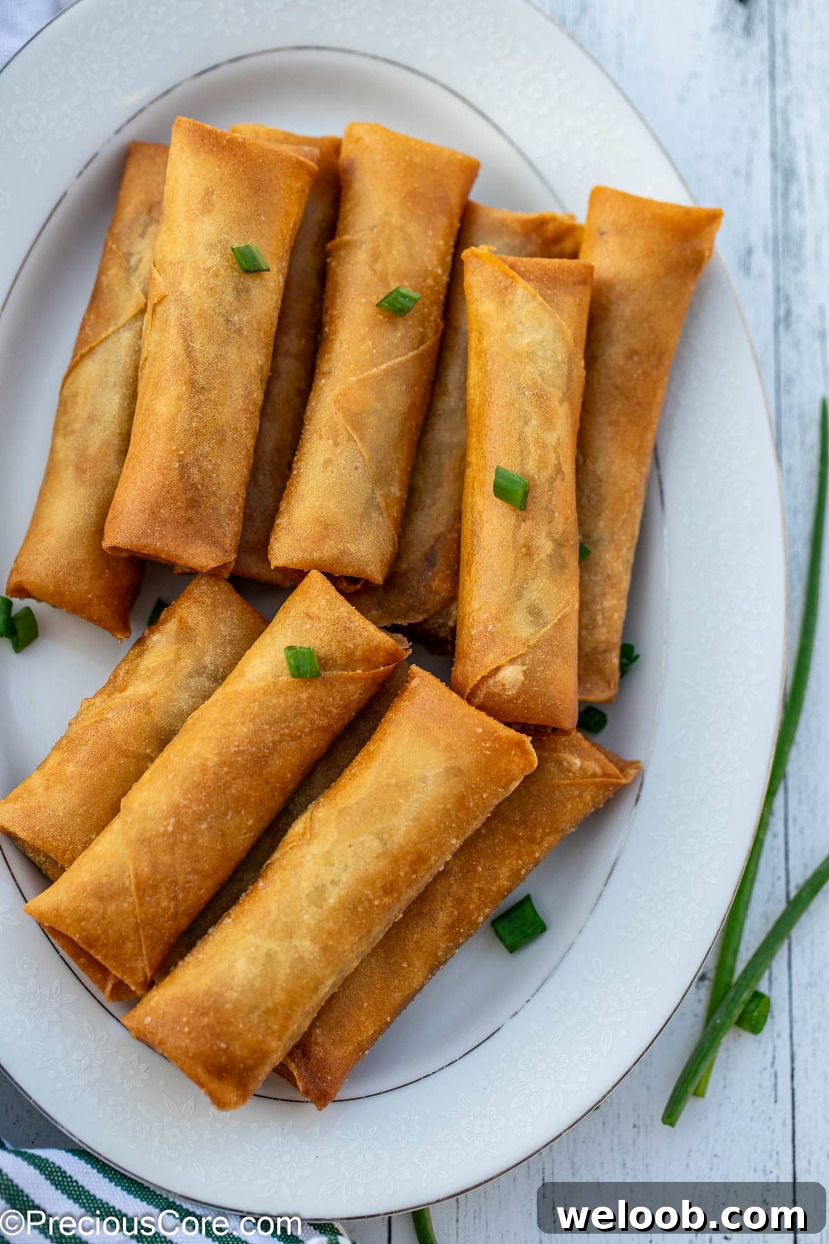 Crispy fried spring rolls with beef on a plate.
