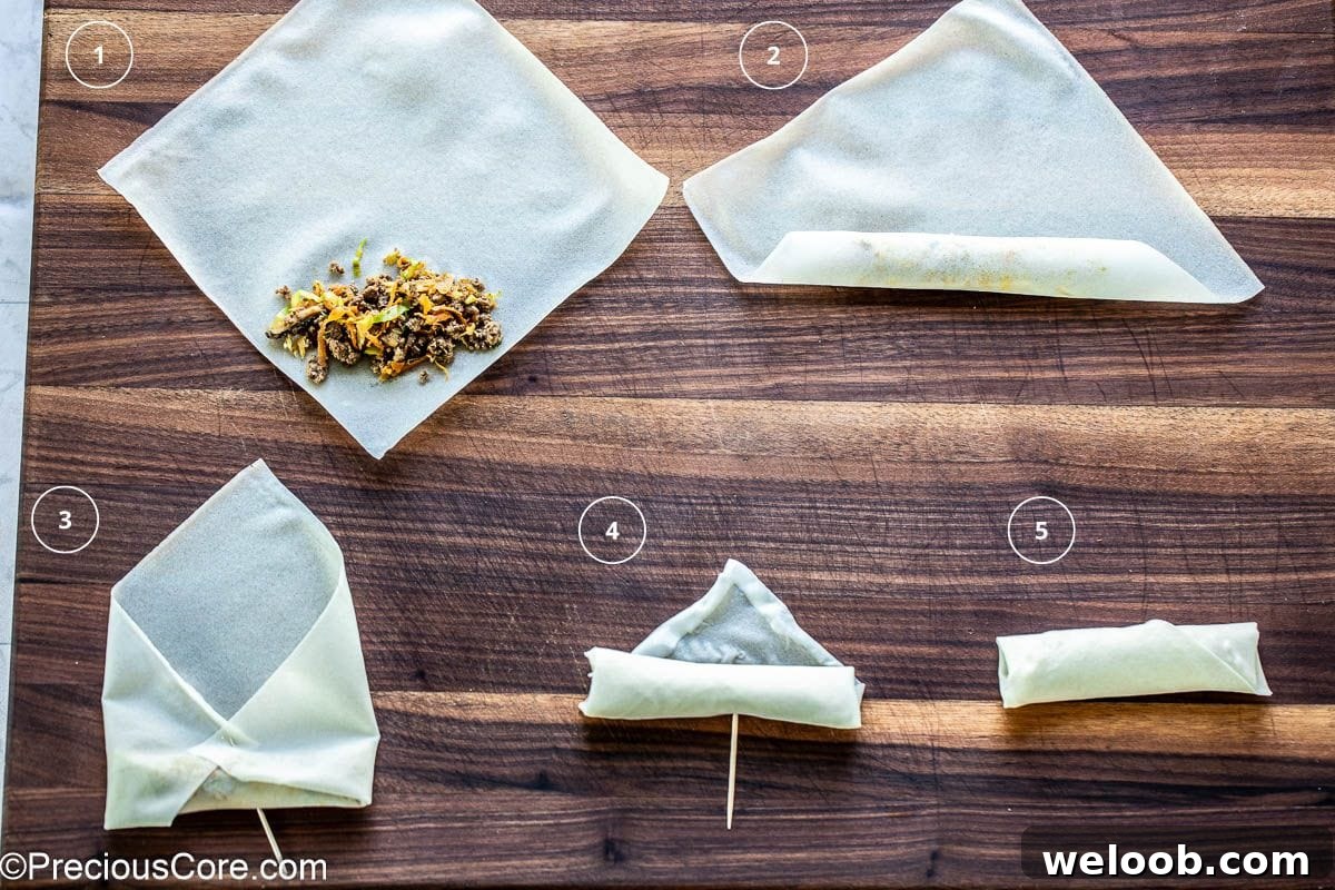 Process of wrapping a beef spring roll.