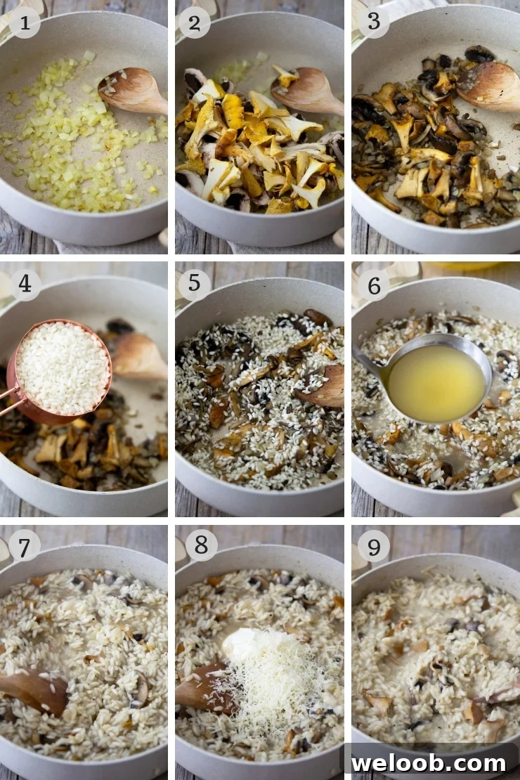 Step by step photos for making creamy mushroom risotto