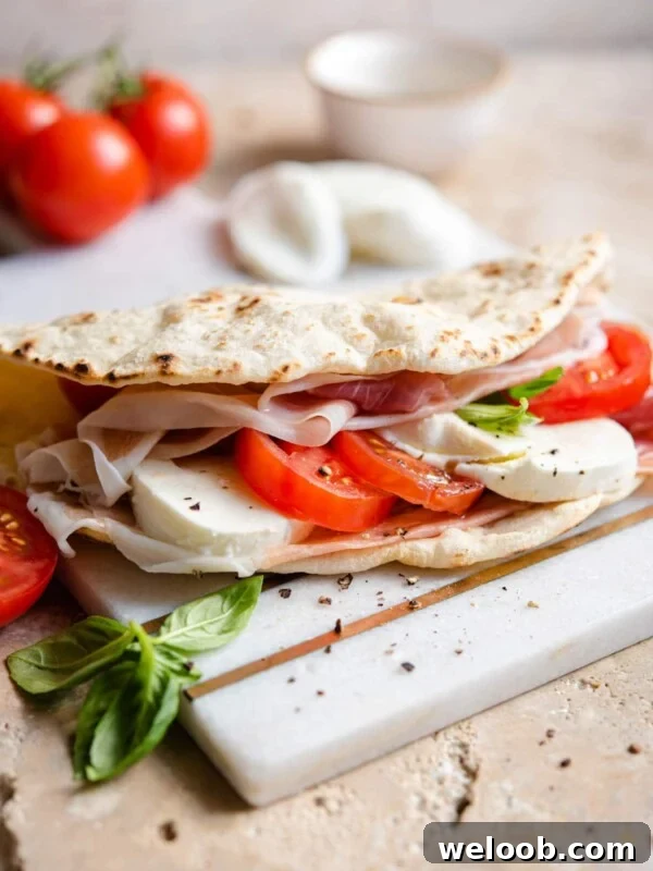 A Piadina flatbread stiffed with tomato, mozzarella and prosciutto on a marble board