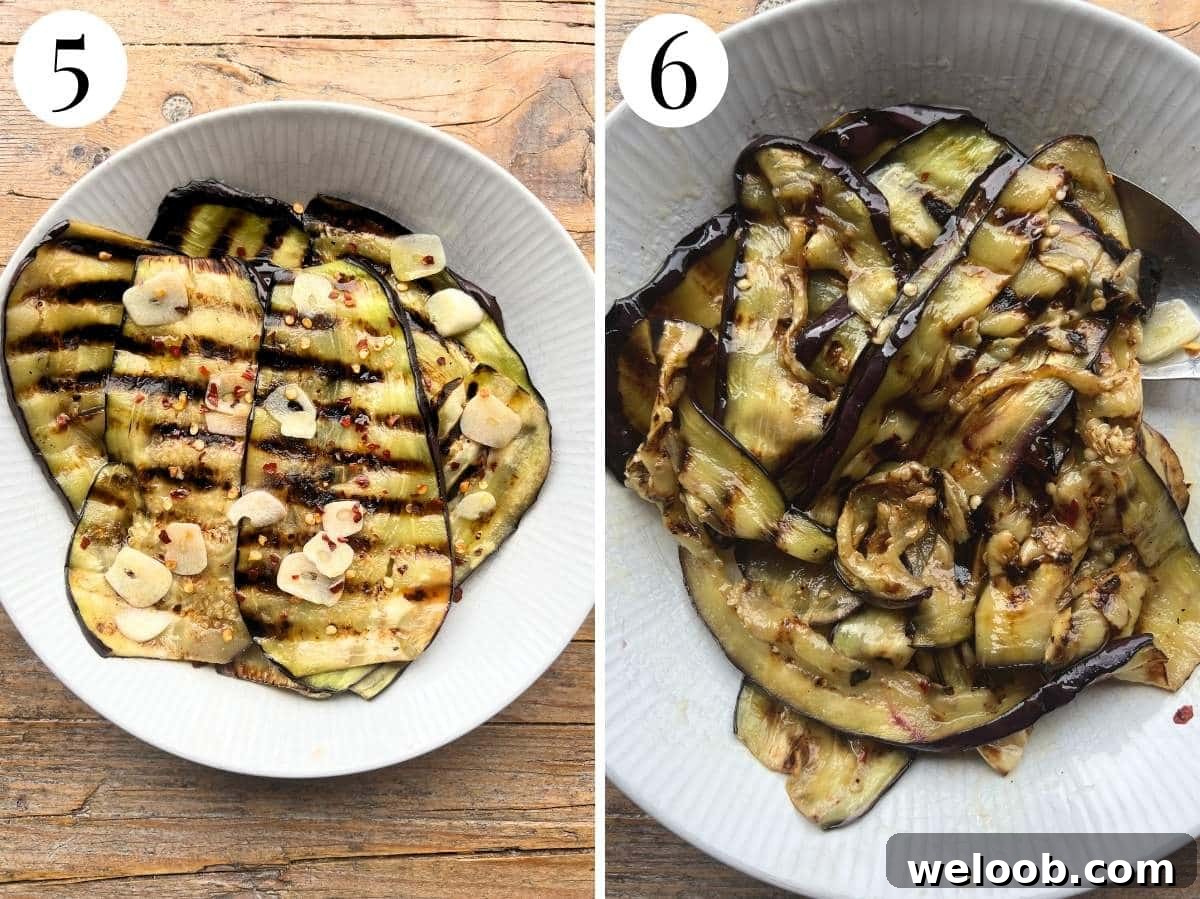 Two photos showing the marinated eggplant in a bowl.