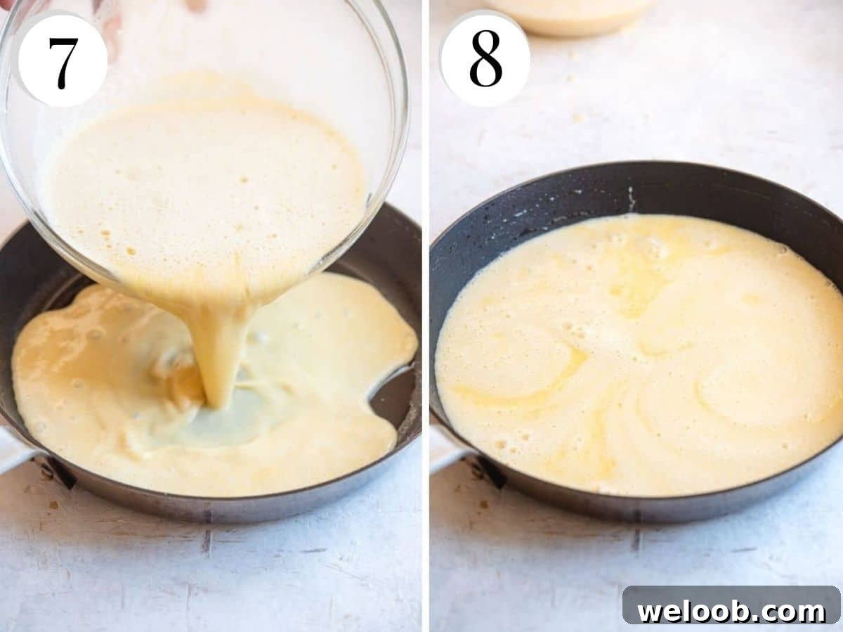 two photos showing chickpea batter getting poured into a skillet/pan.