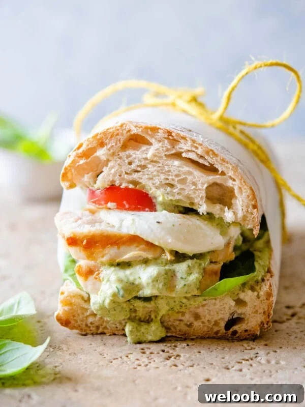 A close up of a ciabatta sandwich with chicken and pesto