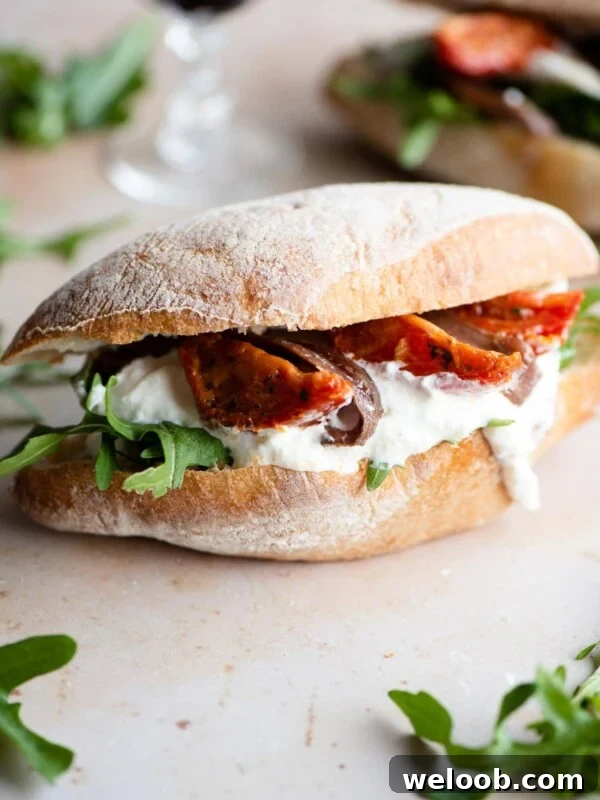 A side shot of a ciabatta sandwich with burrata, anchovies, sun blushed tomatoes and arugula on a light stone surface