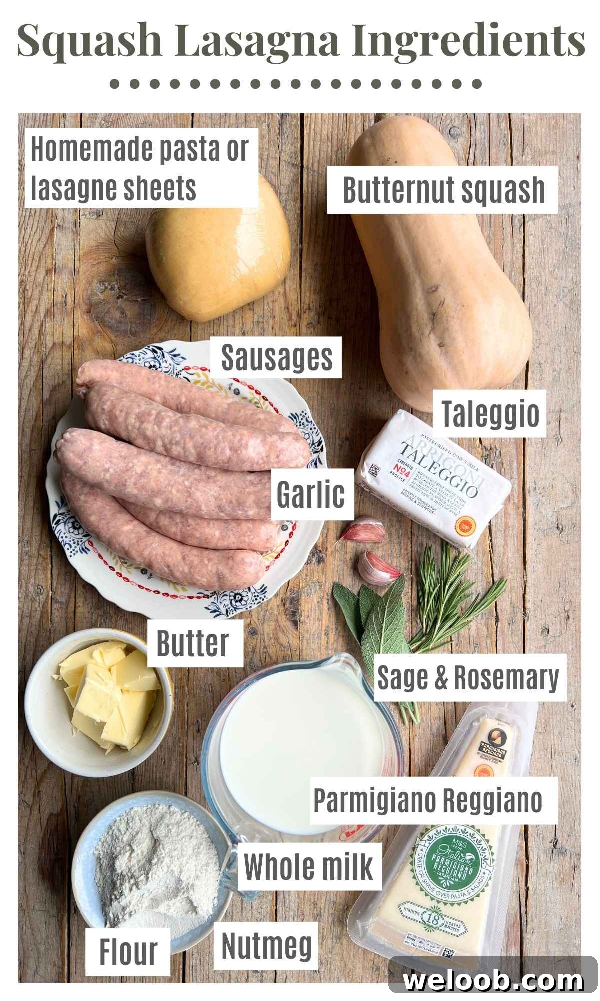 All the ingredients needed to make butternut squash lasagna on a rustic wooden background.