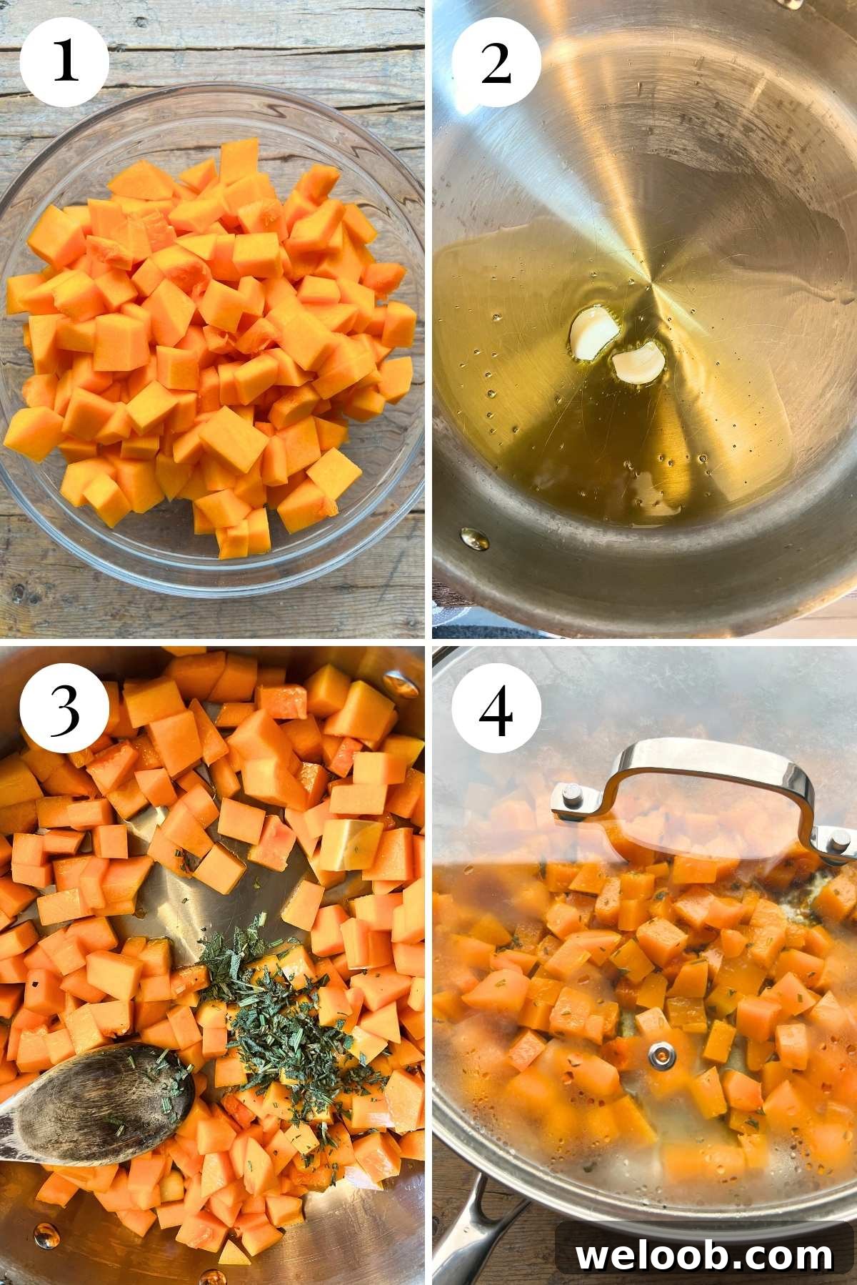 Four photos in a collage showing how to cut and saute butternut squash with garlic and herbs.