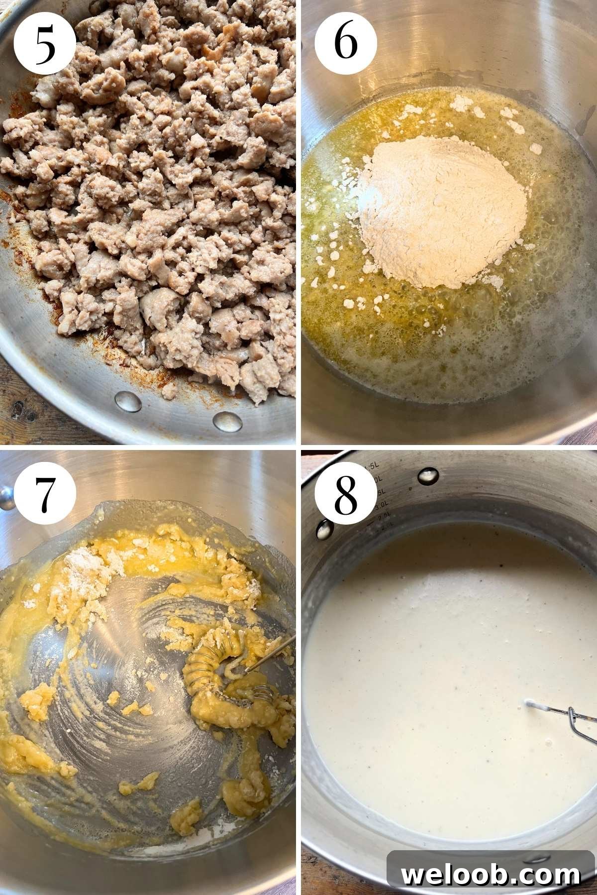 Four photos in a collage showing how to make bechamel sauce and brown sausage.