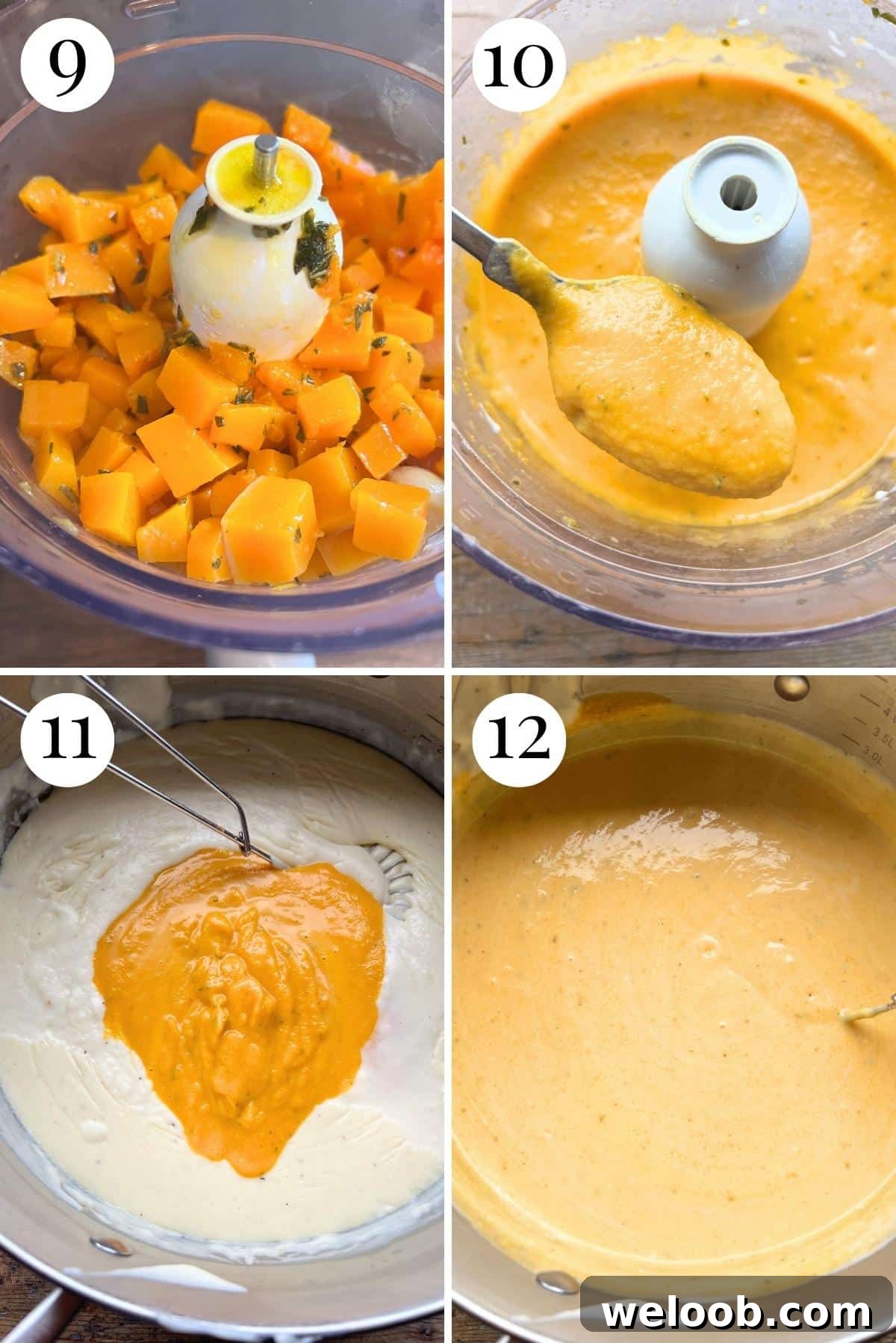Four photos in a collage showing how to blitz butternut squash into a puree and mix it with bechamel sauce.