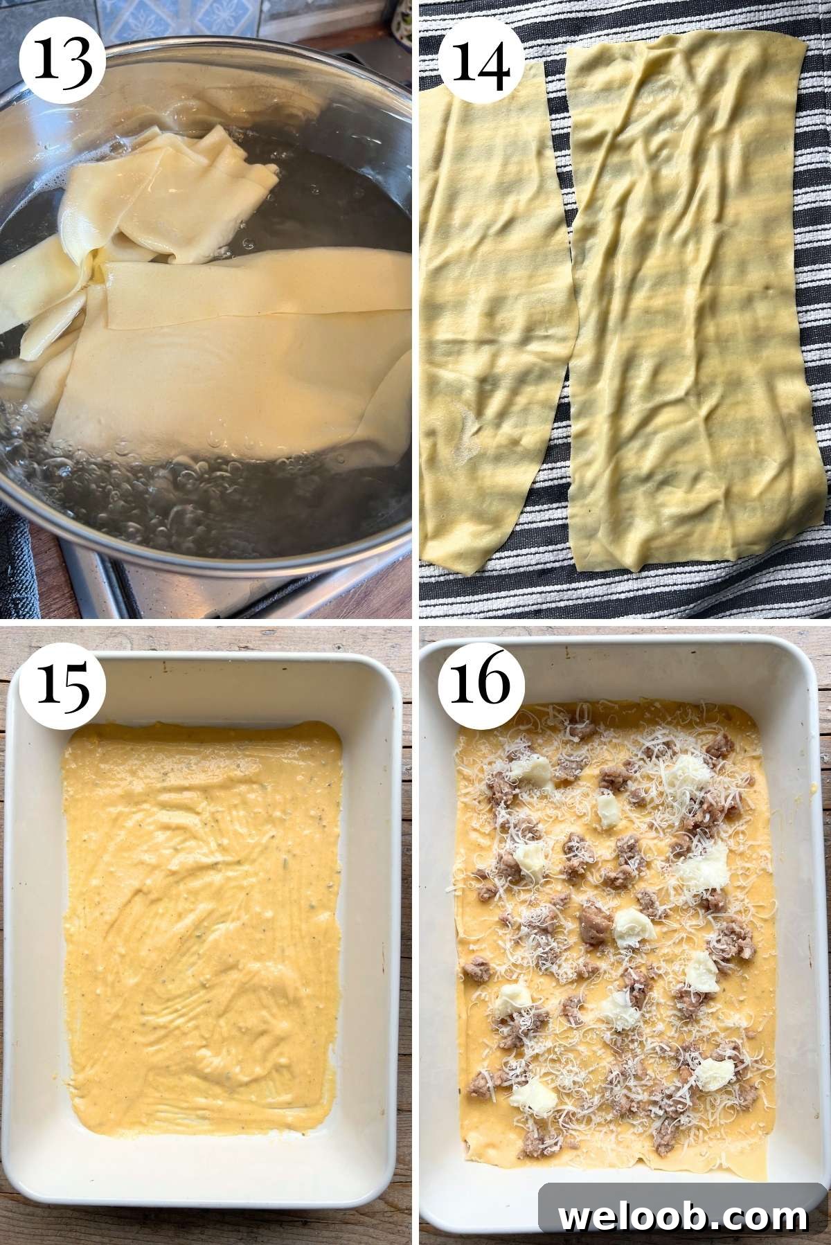 Four photos in a collage showing how to blanch fresh pasta and layer a butternut squash lasagna.