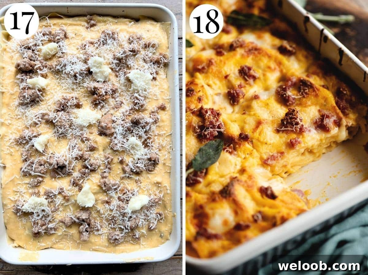 Two photos showing before and after baking a butternut squash lasagna.