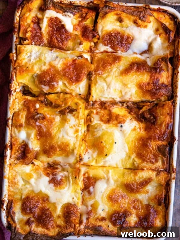 Overhead shot of lasagne al forno in a baking dish