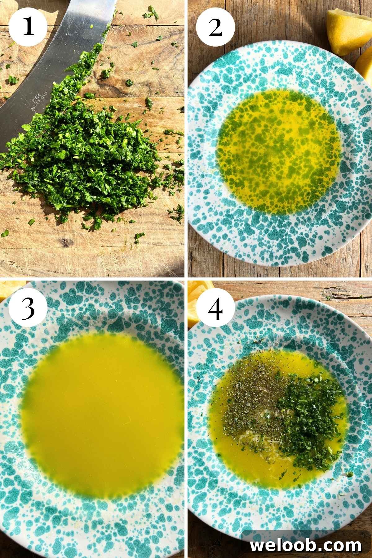 Four photos in a collage showing how to make Salmoriglio sauce.