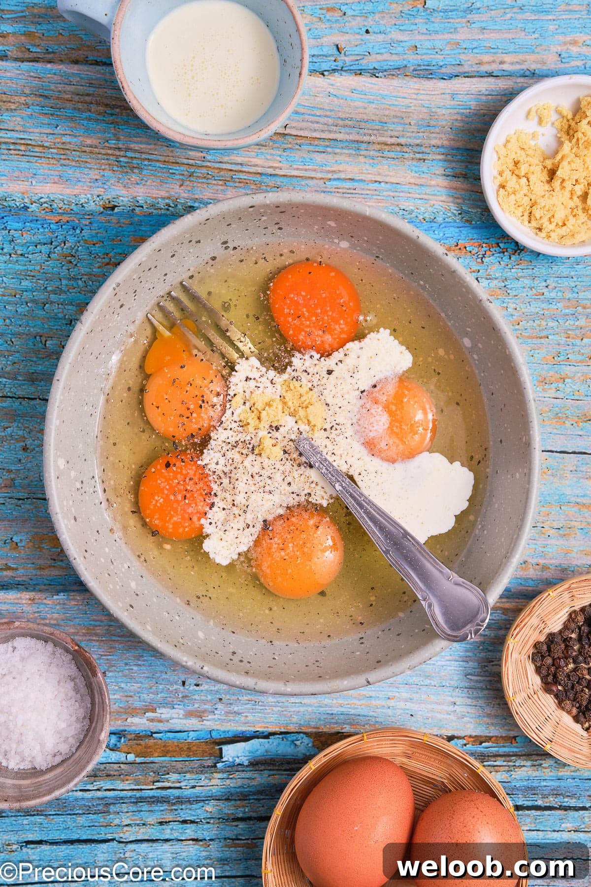 Cracked eggs, heavy cream and seasoning in a bowl.