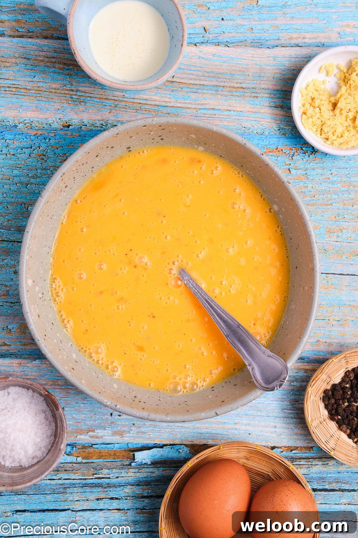 Whisked scrambled eggs mixture in a bowl.