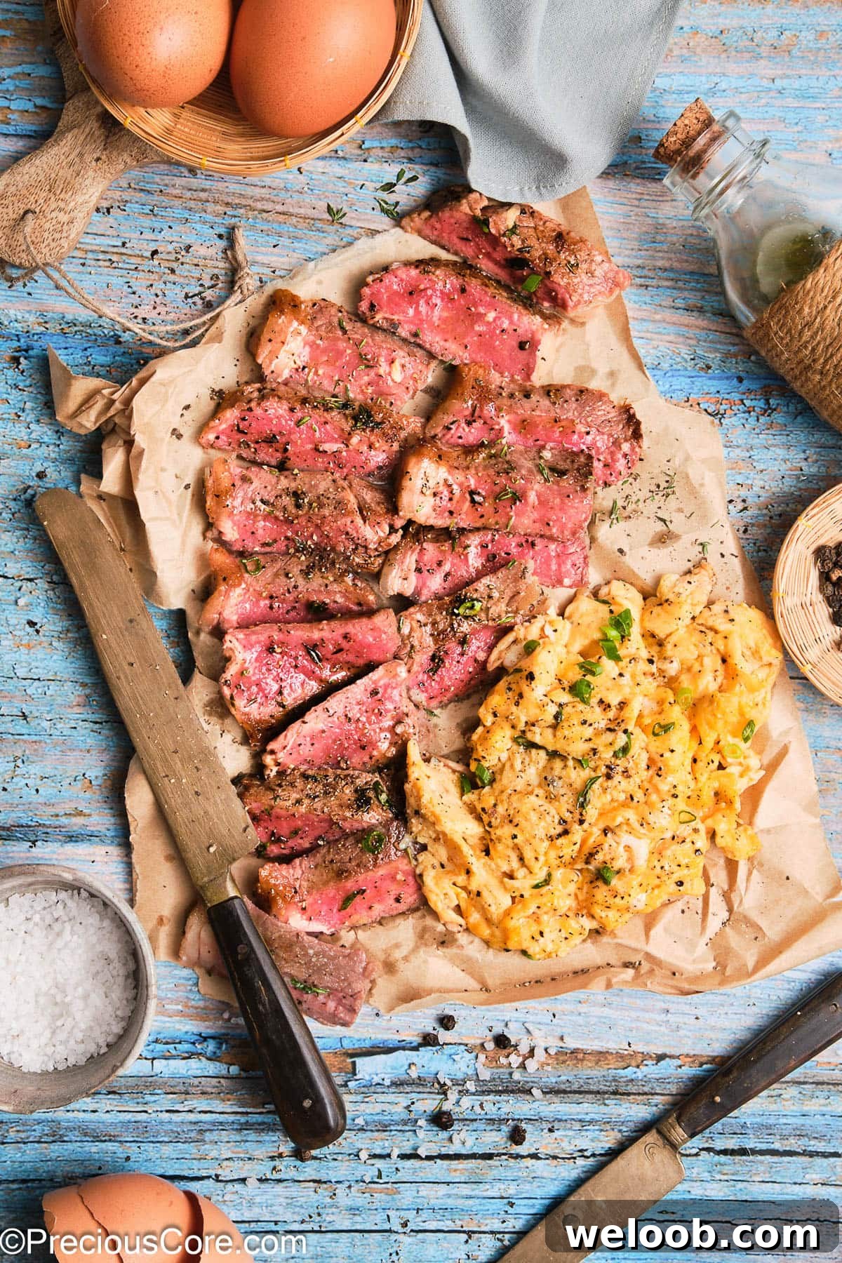 Served cooked steak and scrambled eggs.