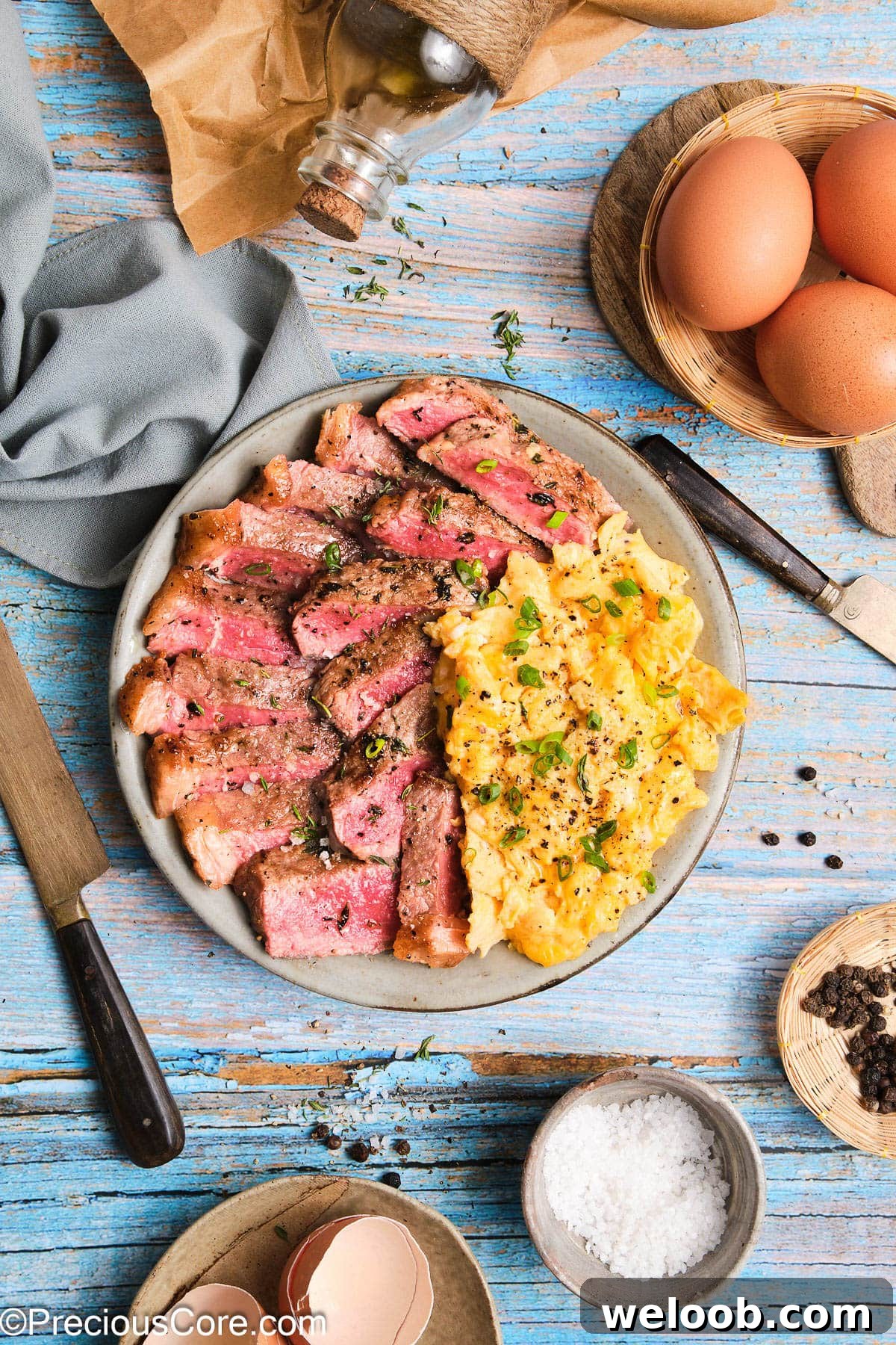 Served homemade steak and eggs.