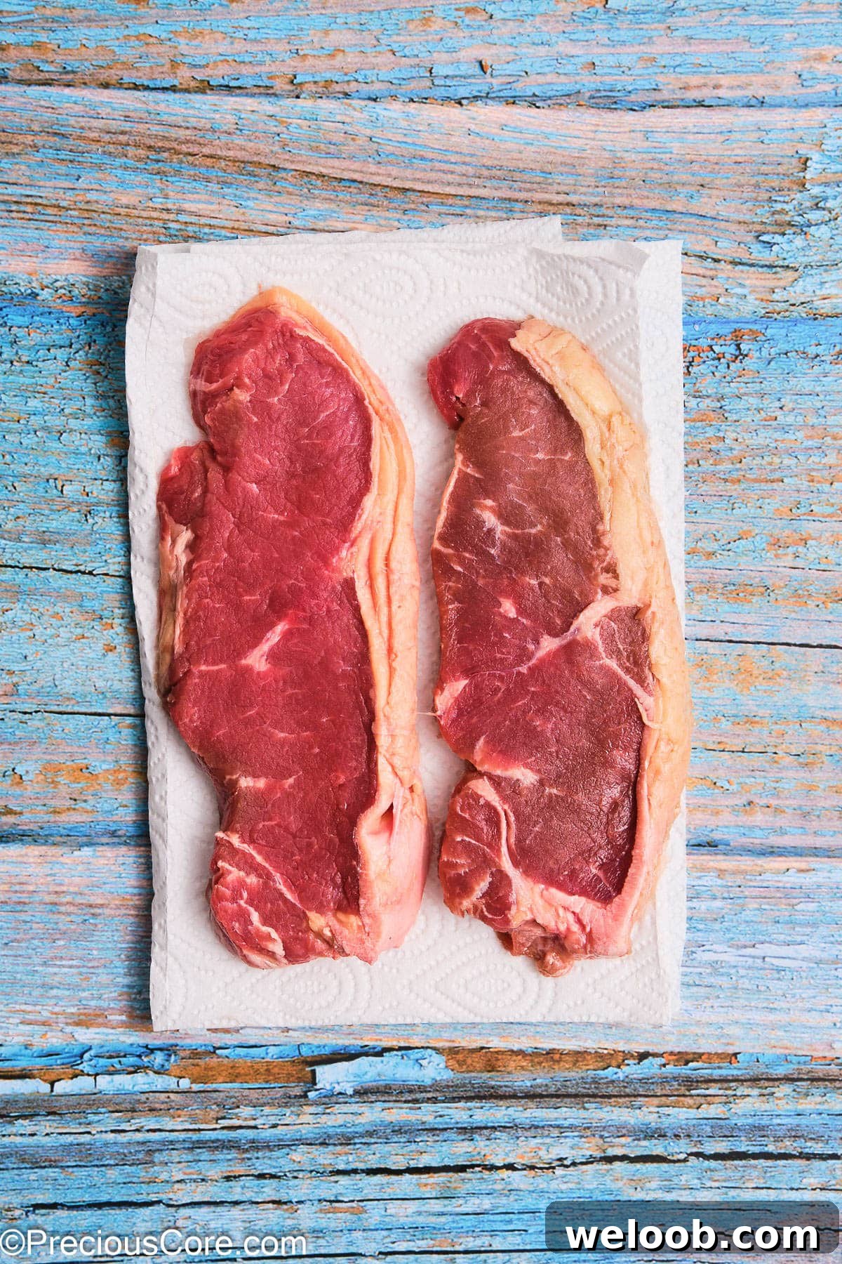 Two ribeye steaks on paper towels.