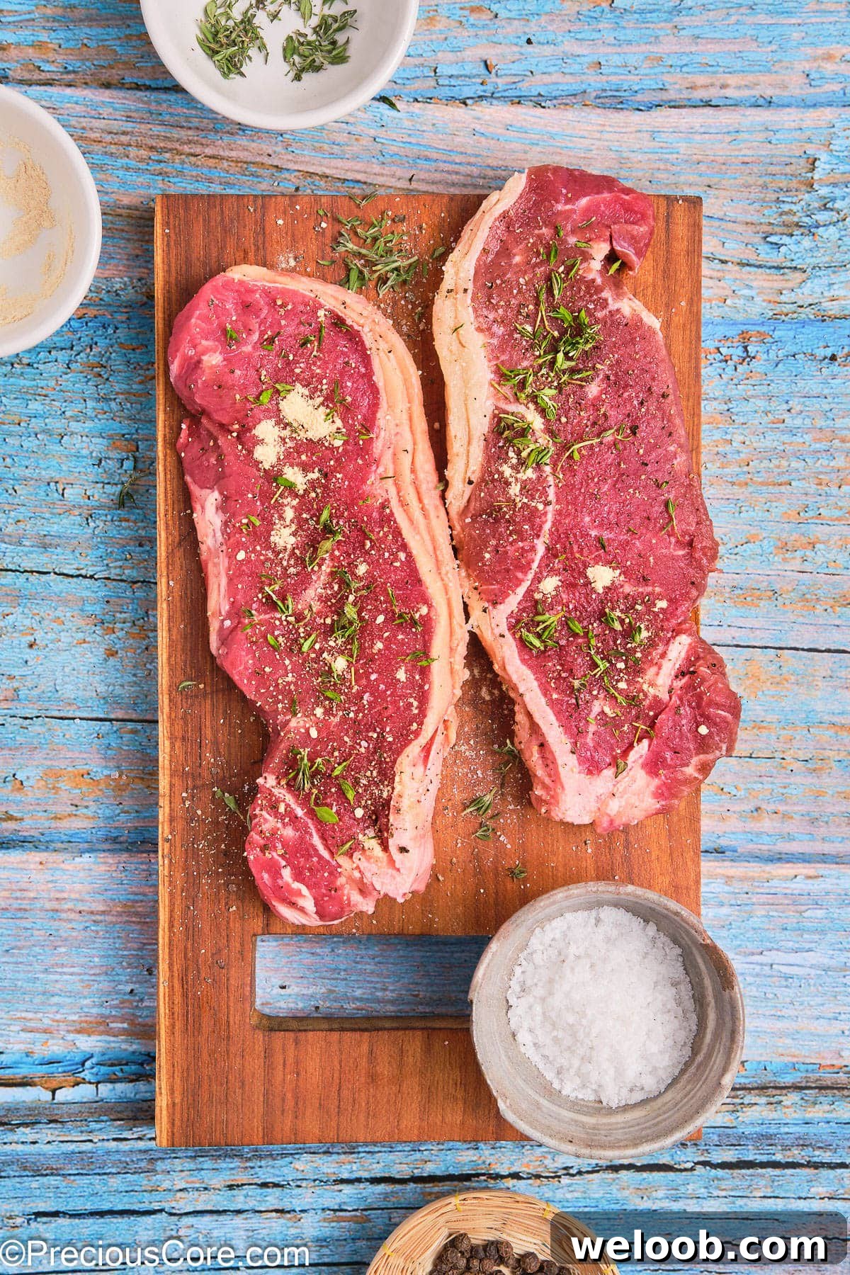 Two seasoned ribeye steaks on a chopping board.