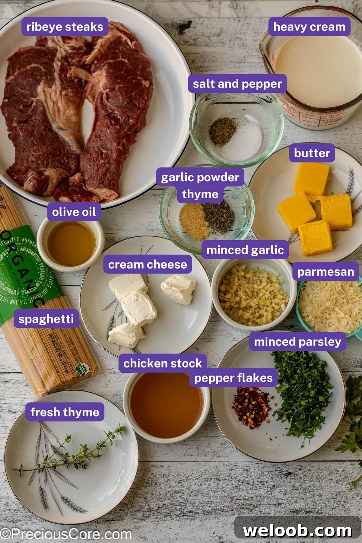 Measured ingredients for Steak and Pasta recipe.
