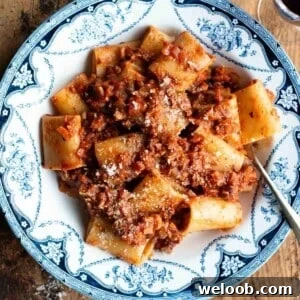 A close up of hazelnut ragu and paccheri pasta in a blue and white vintage style bowl.