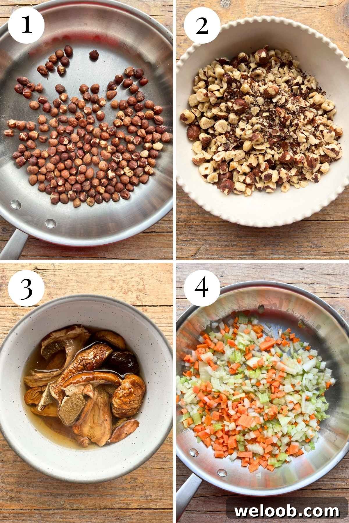 Four photos in a collage showing how to toast hazelnuts, blitz them, soak porcini mushrooms and saute vegetables.
