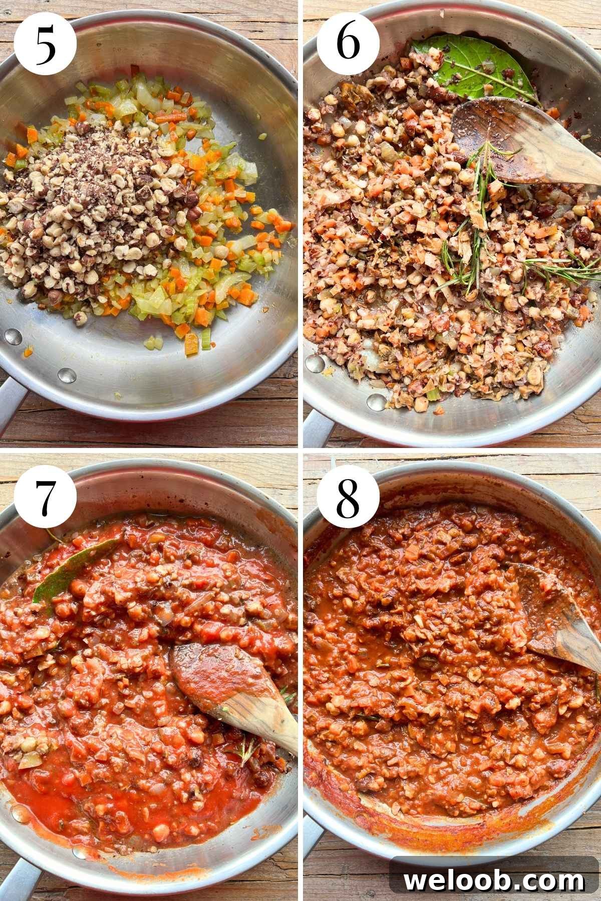Four photos in a collage showing how to make a hazelnut ragu with red wine, herbs and tomato.