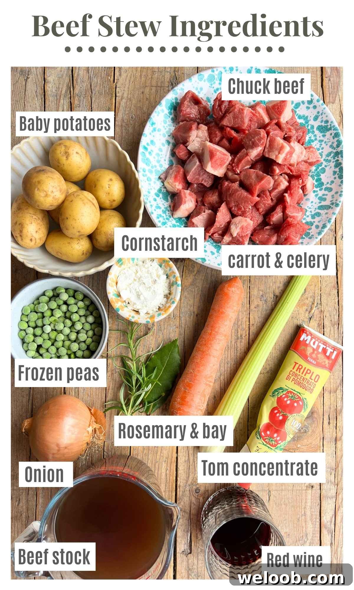 All the ingredients needed to make an Italian beef stew laying on a rustic wooden board. They text labels read: chuck beef, carrot and celery, baby potatoes, frozen peas, tom concentrate, onion, red wine, beef stock, cornstarch.