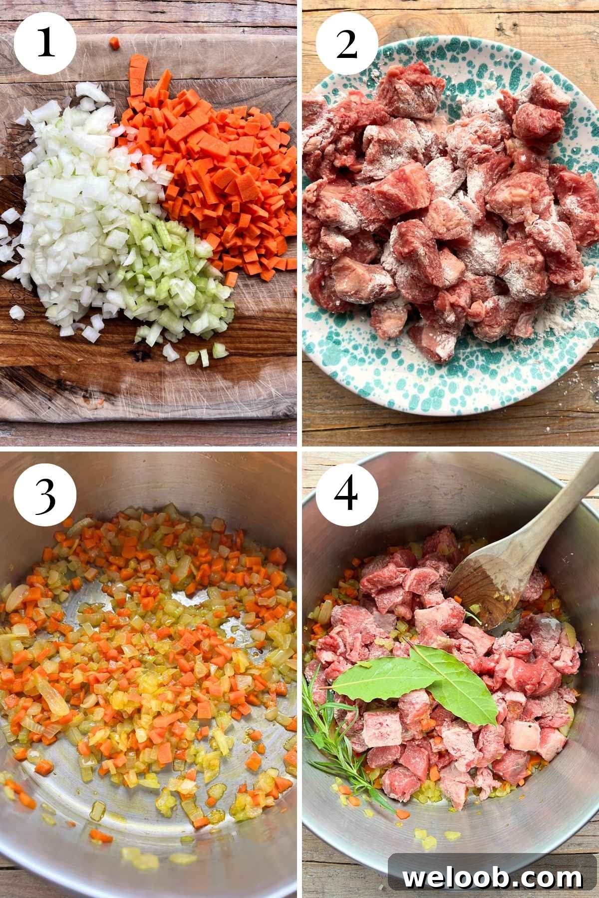 Four photos in a collage showing how to saute vegetables and brown beef.