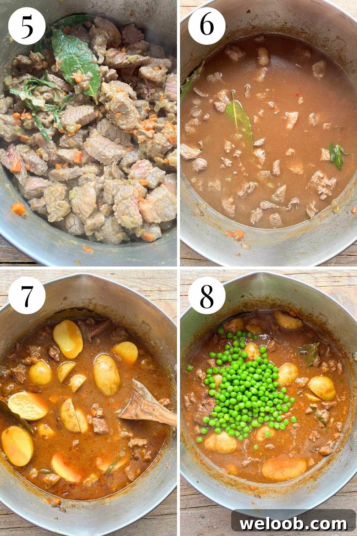 Four photos in a collage showing how to make a beef stew with red wine, stock, potatoes and peas.