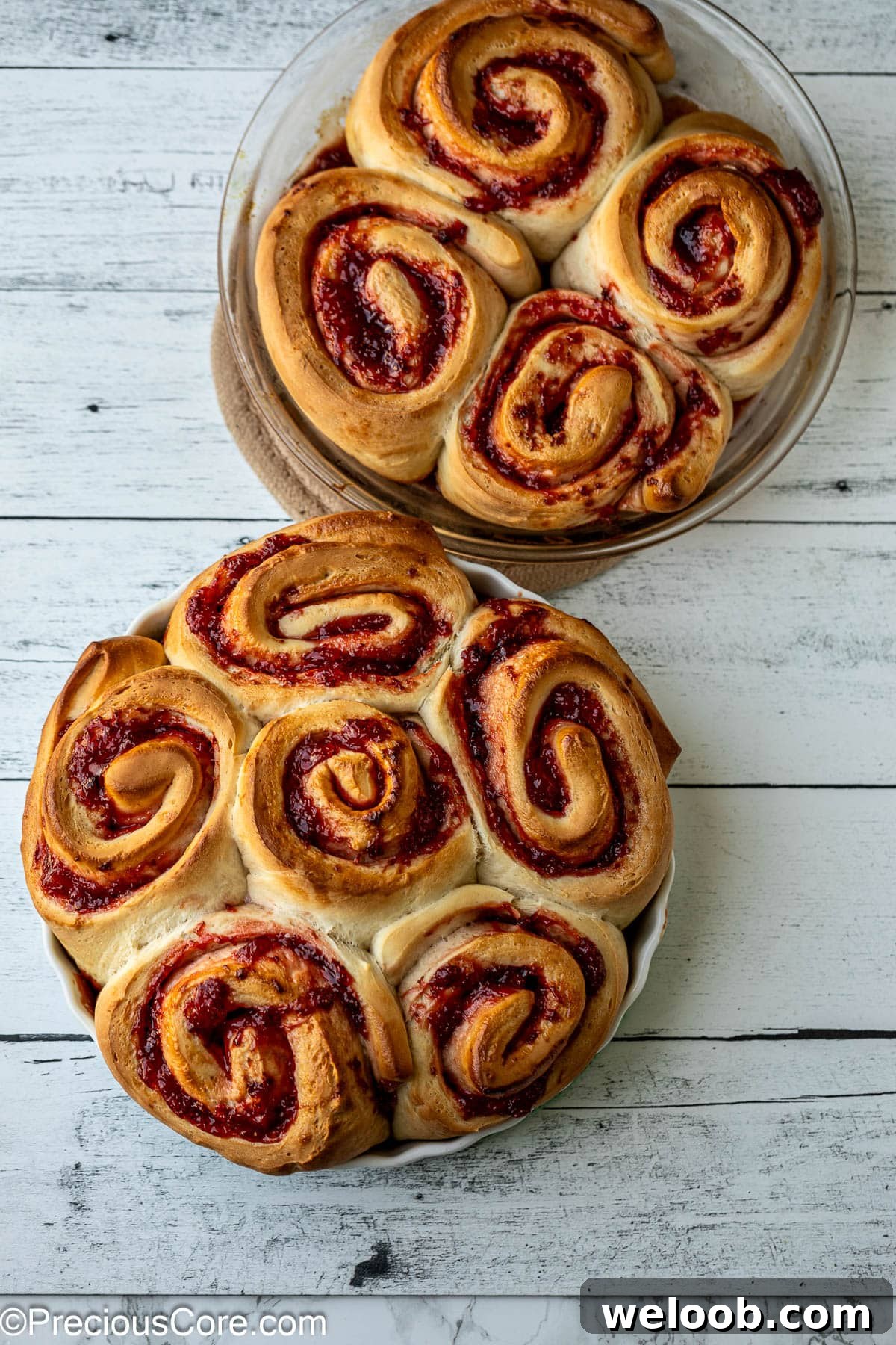 Baked golden brown strawberry cinnamon rolls.