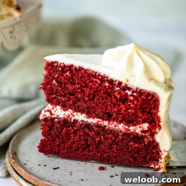 Square image of red velvet cake.