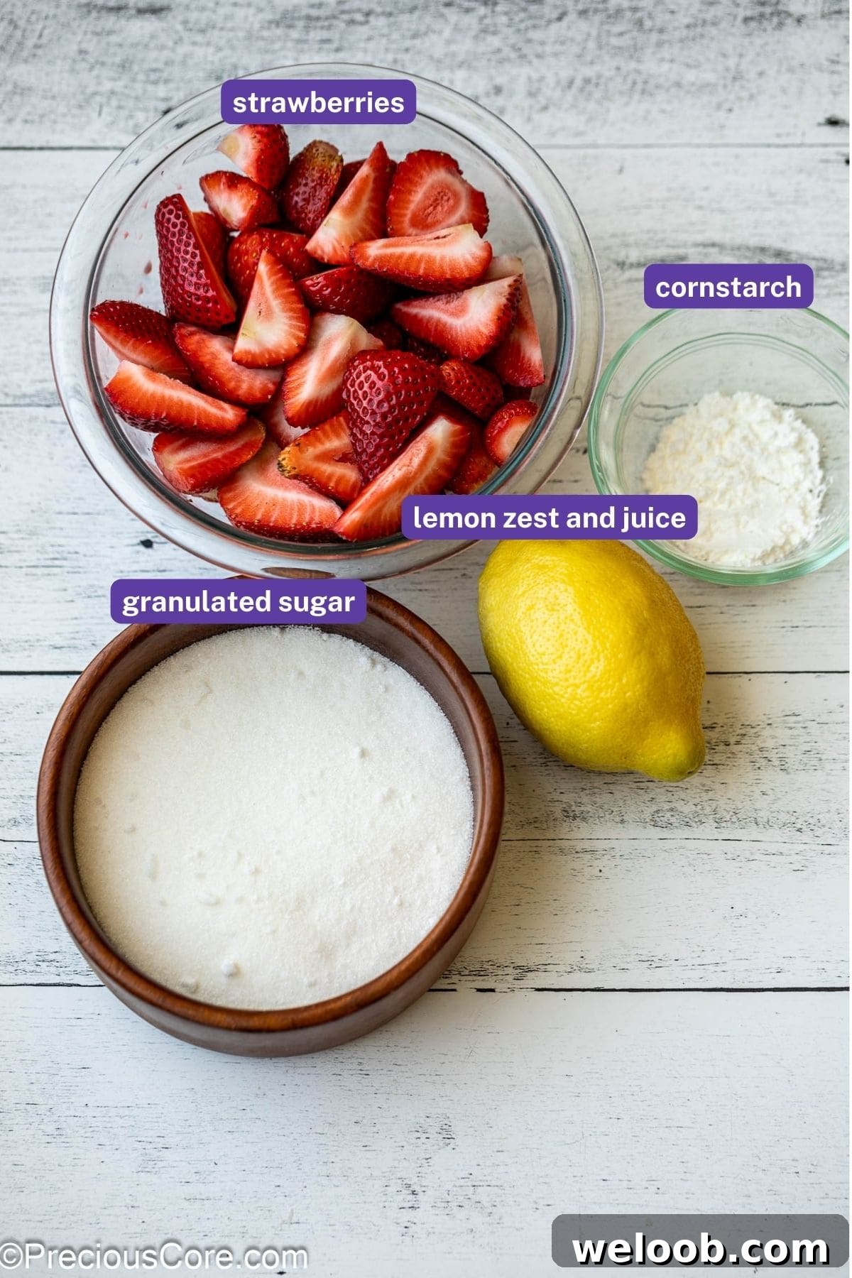 Ingredients needed for strawberry compote.