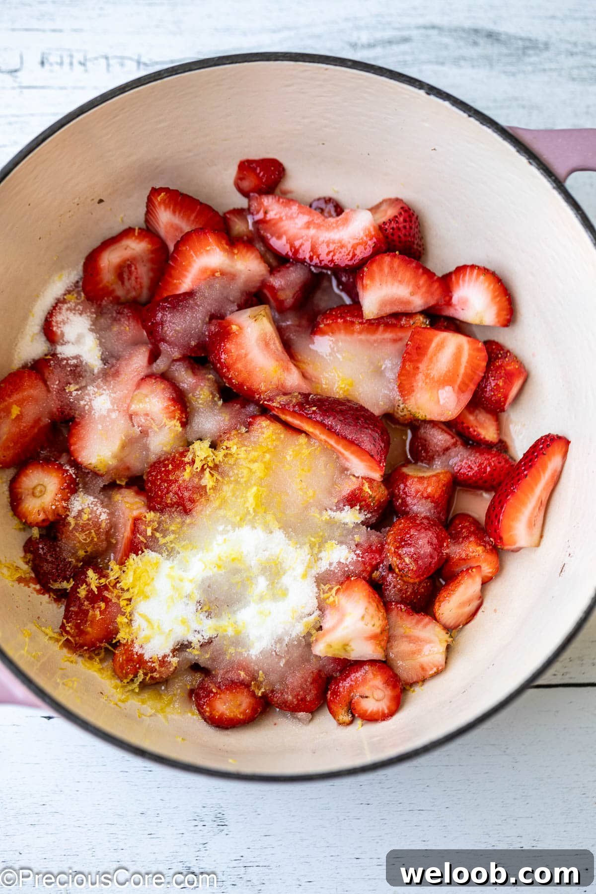 Fresh ingredients for strawberry compote.