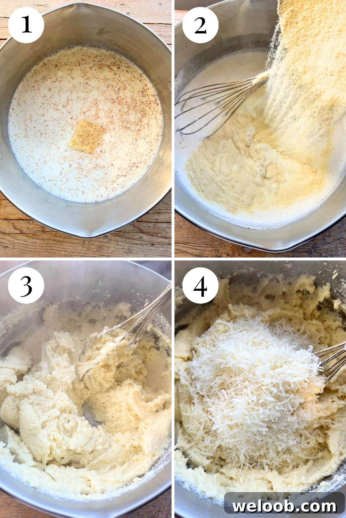 Four photos in a collage showing how to make gnocchi dough with semolina, milk, butter, nutmeg and cheese.