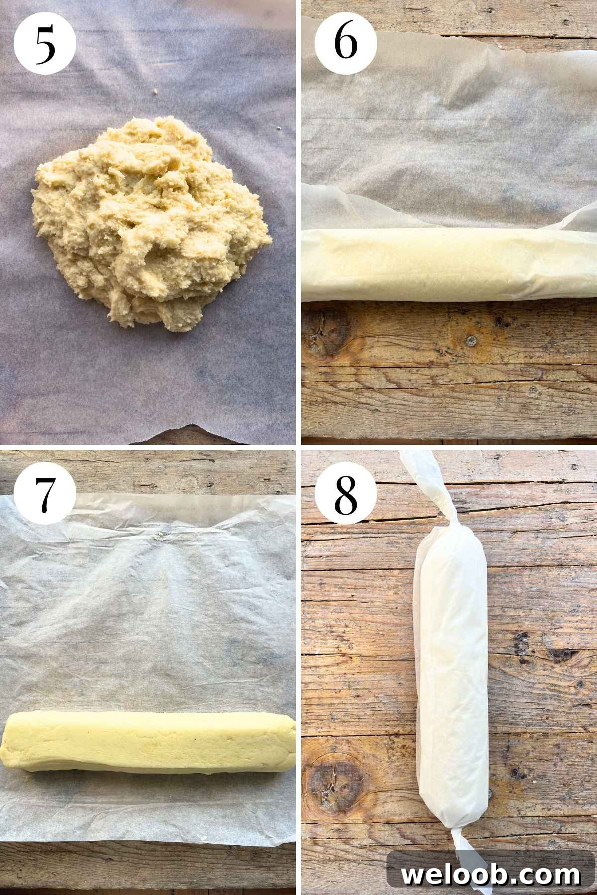 Four photos in a collage showing how to wrap the hot gnocchi dough into a sausage shape using parchment paper.