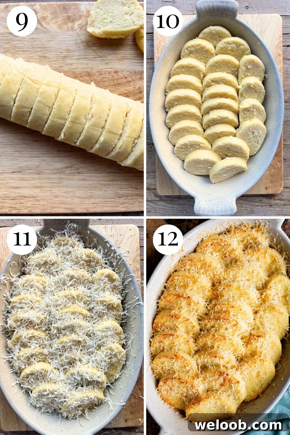 Four photos in a collage showing how to slice and bake the Gnocchi alla Romana.