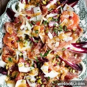 A close up of a festive salad on a serving plate made with blood orange, chicory, fennel, prosciutto, pecorino, pomegranate and pistachios.