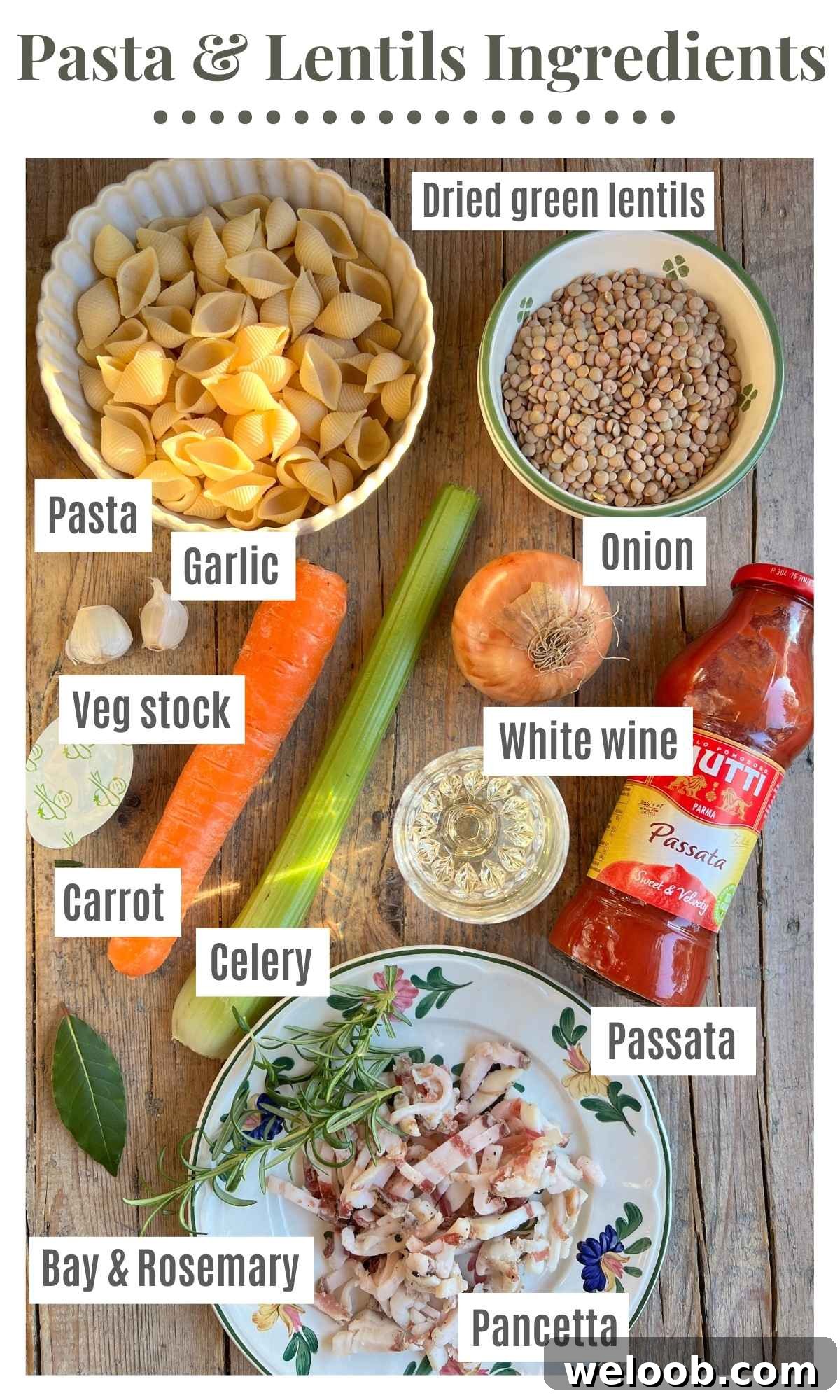 An overhead shot of all the ingredients needed to make pasta and lentils. The ingredients are labelled: pasta, dried green lentils, passata, carrot, celery, onion, bay and rosemary, pancetta, white wine, garlic.