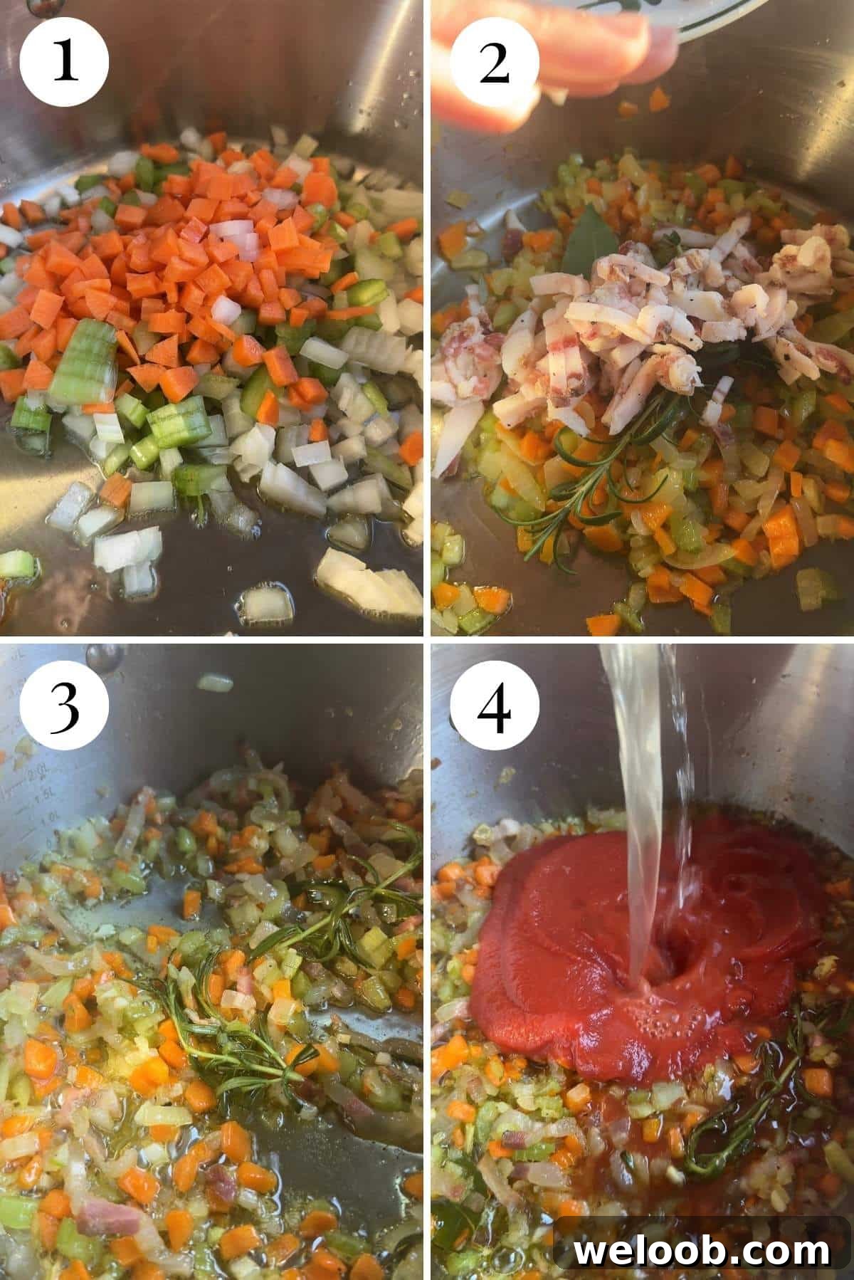 Four photos in a collage showing how to saute soffritto, pancetta and herbs.
