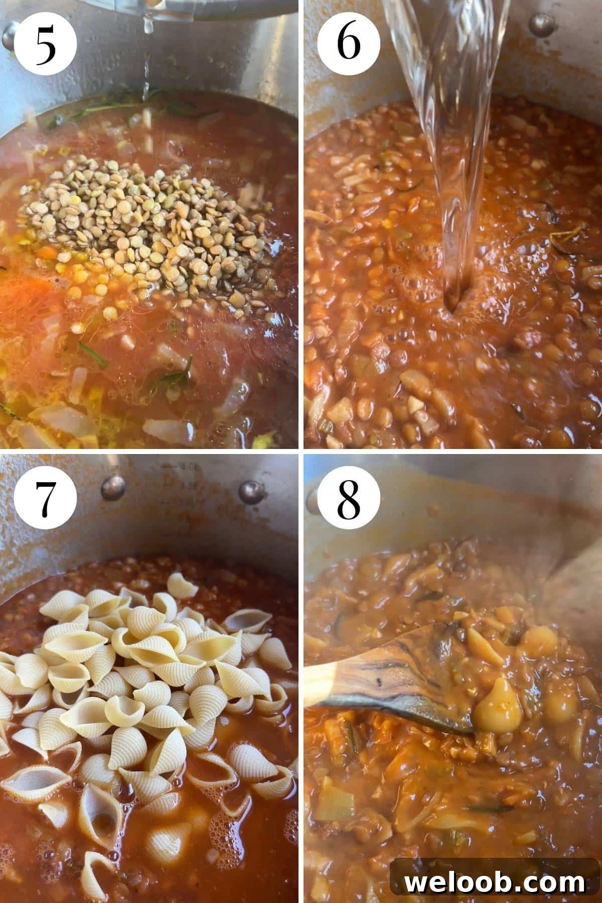 Four photos in a collage showing how to add tomato, stock, lentils and pasta.