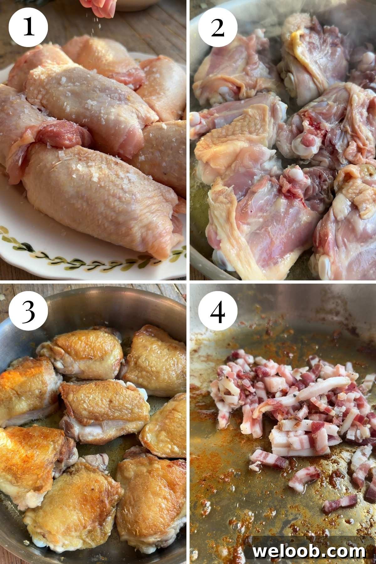 Braised Chicken with Pancetta, White Beans and Fresh Sage 4 Four photos in a collage showing how to brown chicken thighs and pancetta.