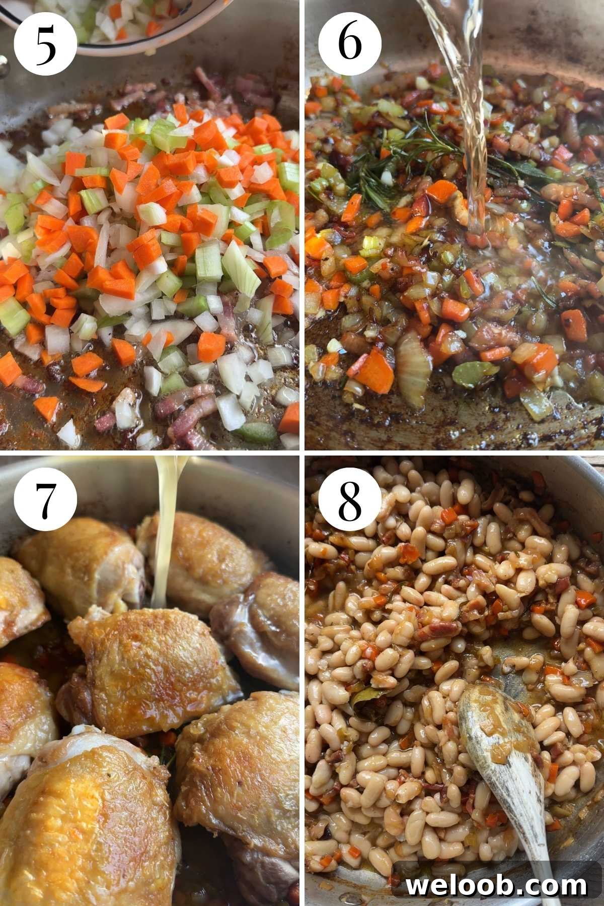 Braised Chicken with Pancetta, White Beans and Fresh Sage 5 Four photos in a collage showing how to braise chicken and vegetables in stock with beans.