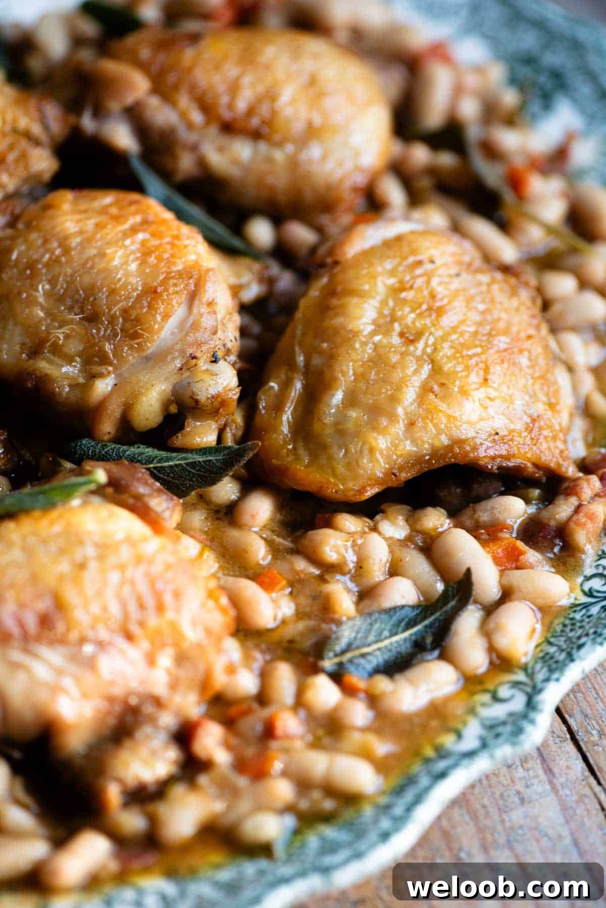 Braised Chicken with Pancetta, White Beans and Fresh Sage 6 A close up of braised chicken on a serving plate with beans and sage.